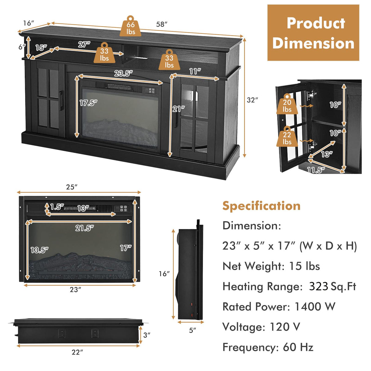 58 Inch Electric Fireplace TV Stand for TVs up to 65 Inch