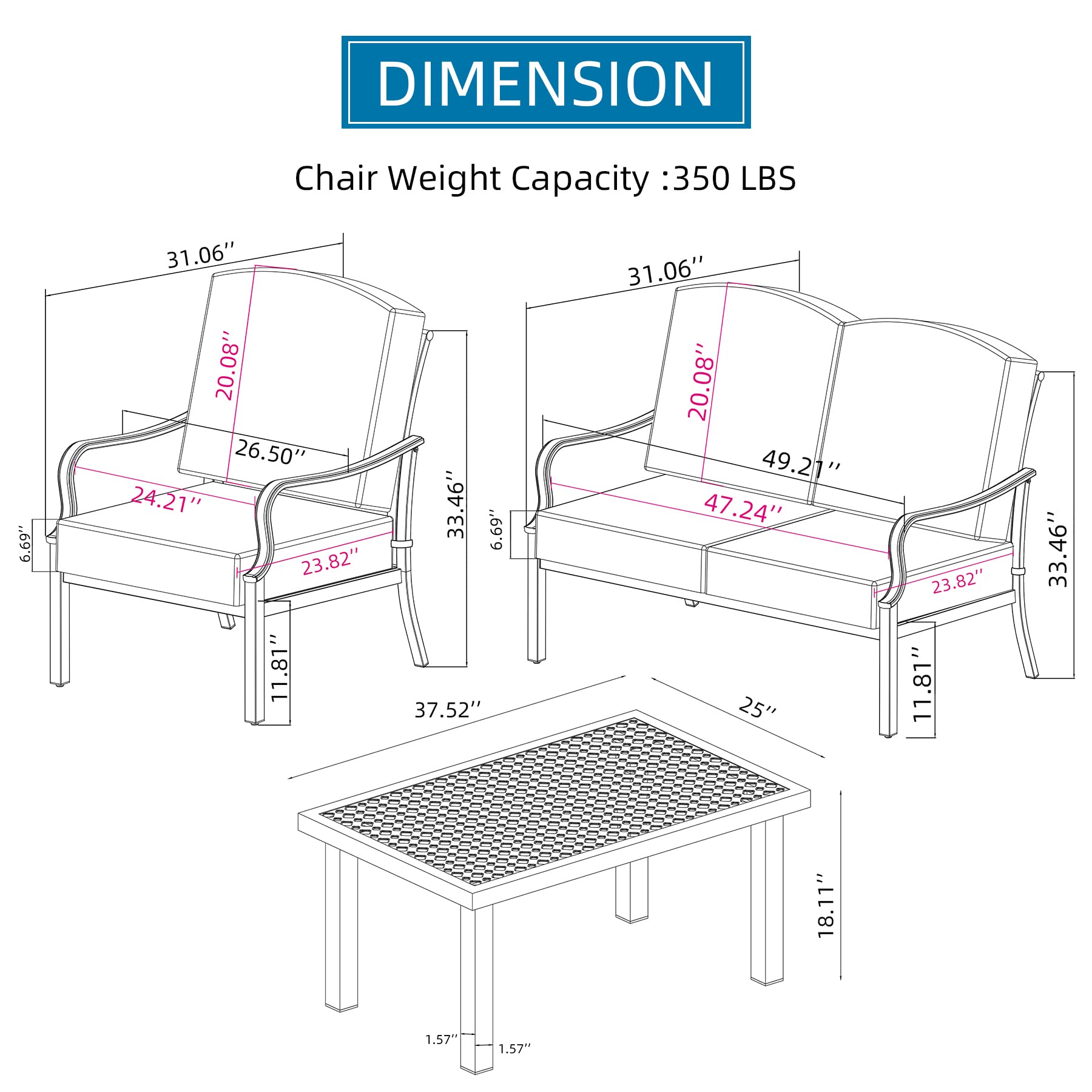 Conversation Set 4 Pieces, Metal Outdoor Patio Furniture with Coffee Table