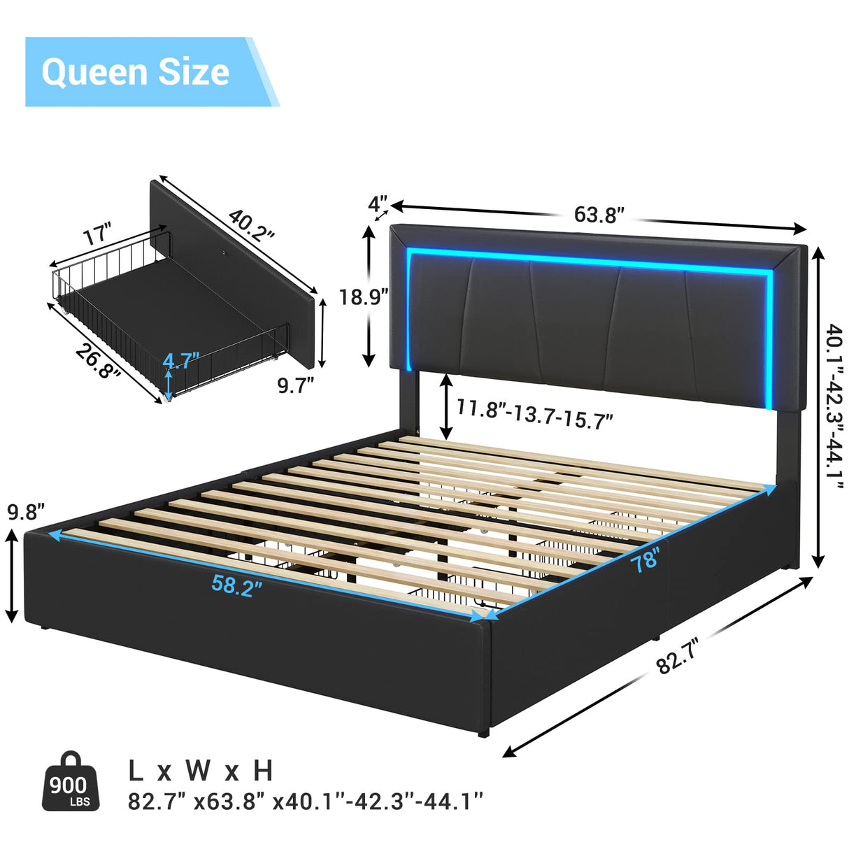 Queen LED Bed Frame with 4 Drawers and USB Ports Modern Faux Leather Upholstered