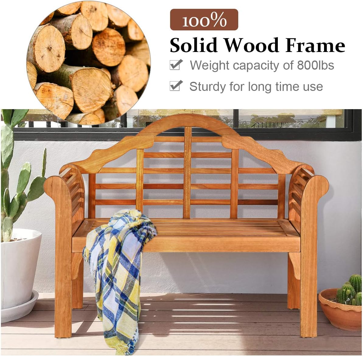 Outdoor Eucalyptus Wood Bench, 4 Ft Foldable Solid Wood Garden Bench