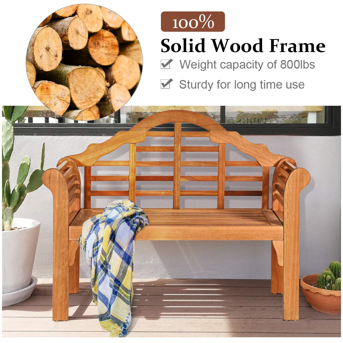 Outdoor Eucalyptus Wood Bench, 4 Ft Foldable Solid Wood Garden Bench