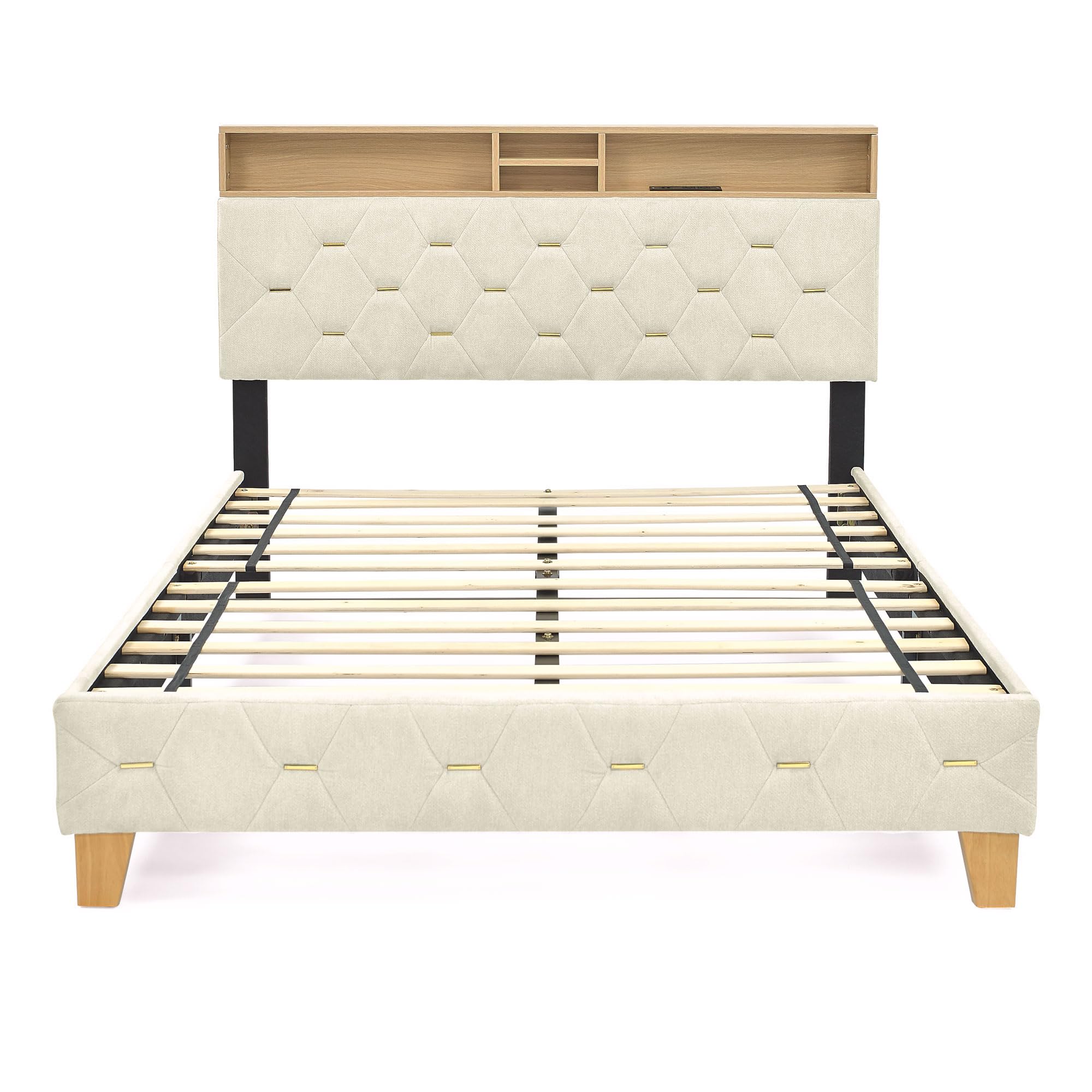 Queen Bed Frame with Storage Shelves & USB Charging Ports Headboard
