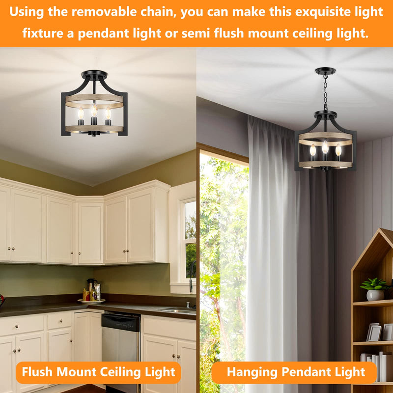 3-Light Farmhouse Chandelier, Adjustable Black Hanging Pendant Light Fixtures