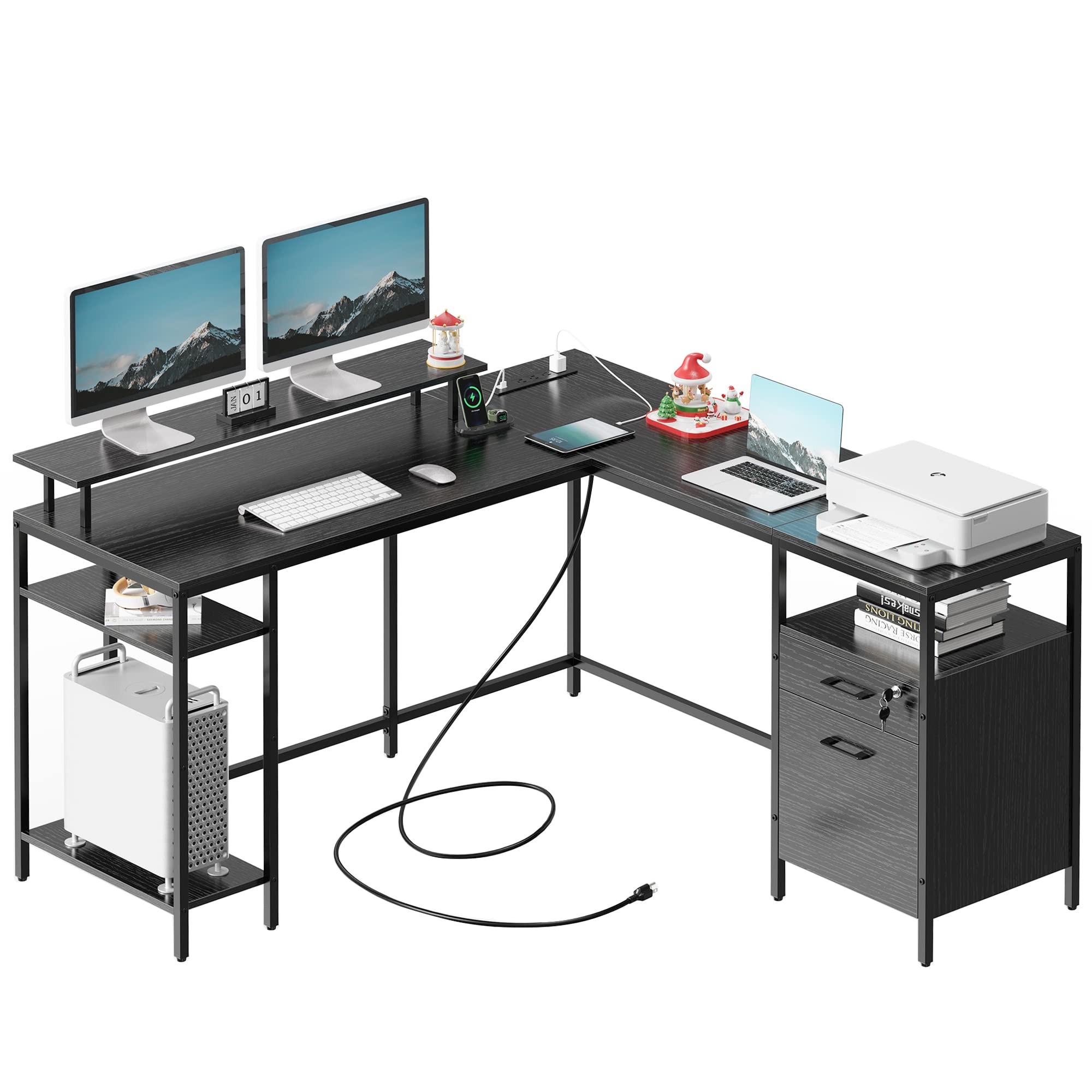 Reversible Computer Desk with Power Outlets & File Cabinet