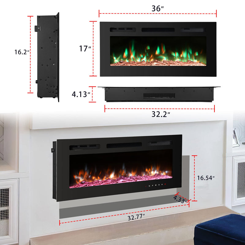 36 inch Electric Fireplace Insert,Wall Mounted,Wall Fireplace Electric with Remote Control