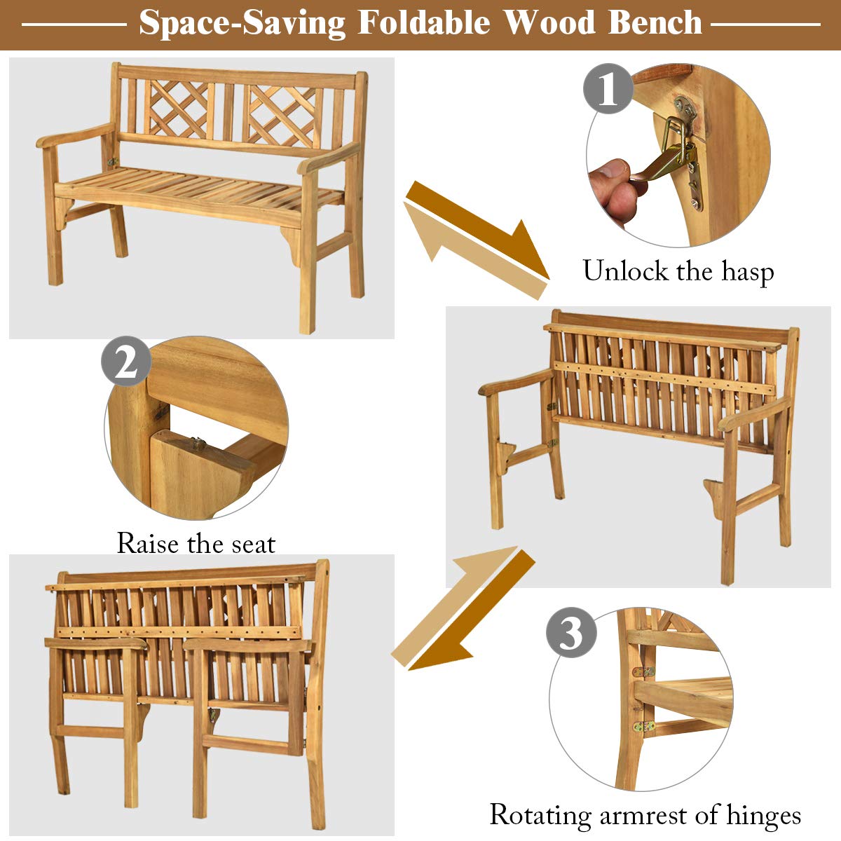 Patio Wooden Bench, 4 Ft Foldable Bench, Two Person Loveseat Chair