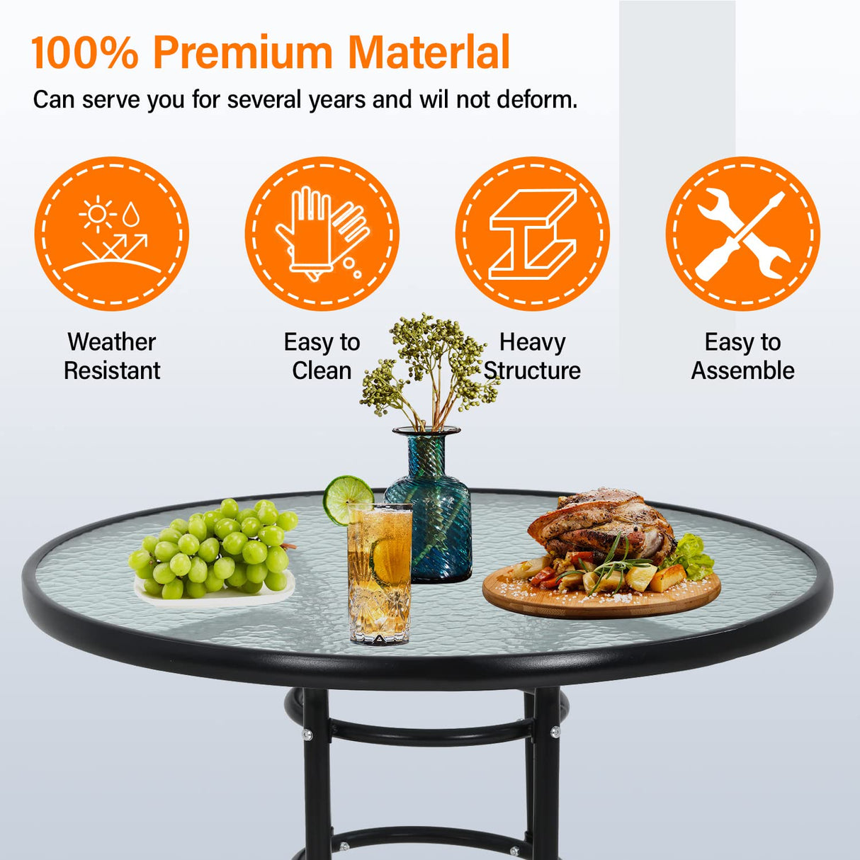 Outdoor Table Patio Table Dining Table with Tempered Glass Umbrella Hole