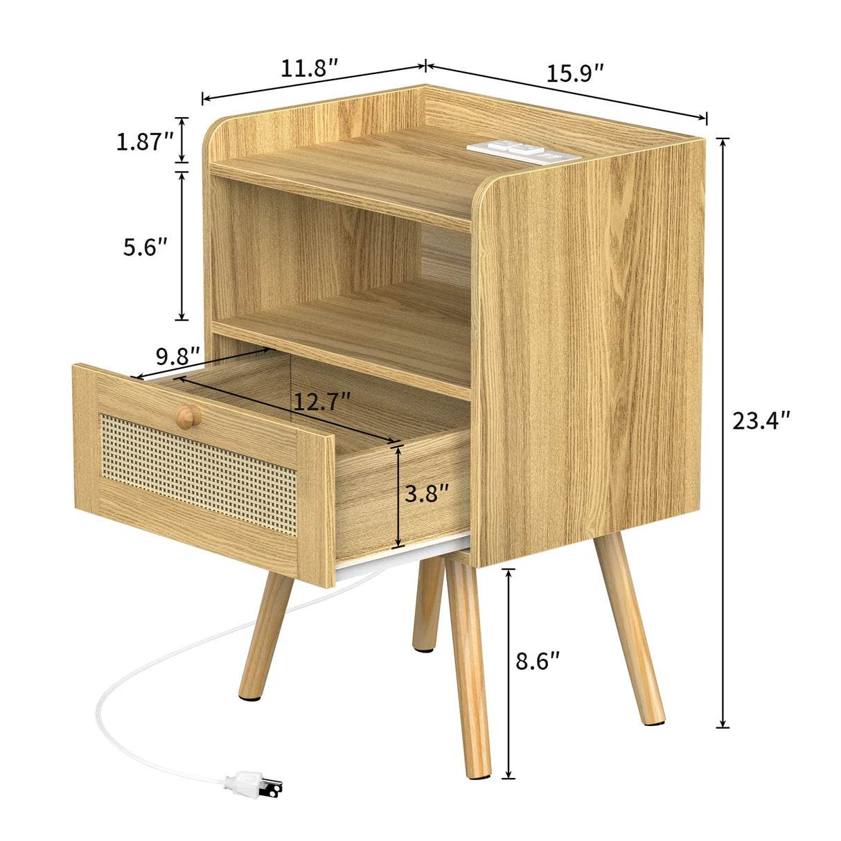 Nightstands Set of 2, Night Stands with Charging Station & PE Rattan Decor Drawer, Bed Side Tables with Solid Wood Feet