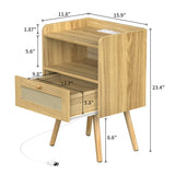 Nightstands Set of 2, Night Stands with Charging Station & PE Rattan Decor Drawer, Bed Side Tables with Solid Wood Feet