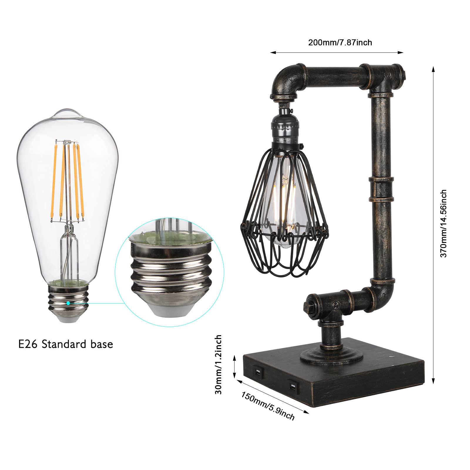 Steampunk Table Lamp, Industrial Desk Lamp with USB Ports