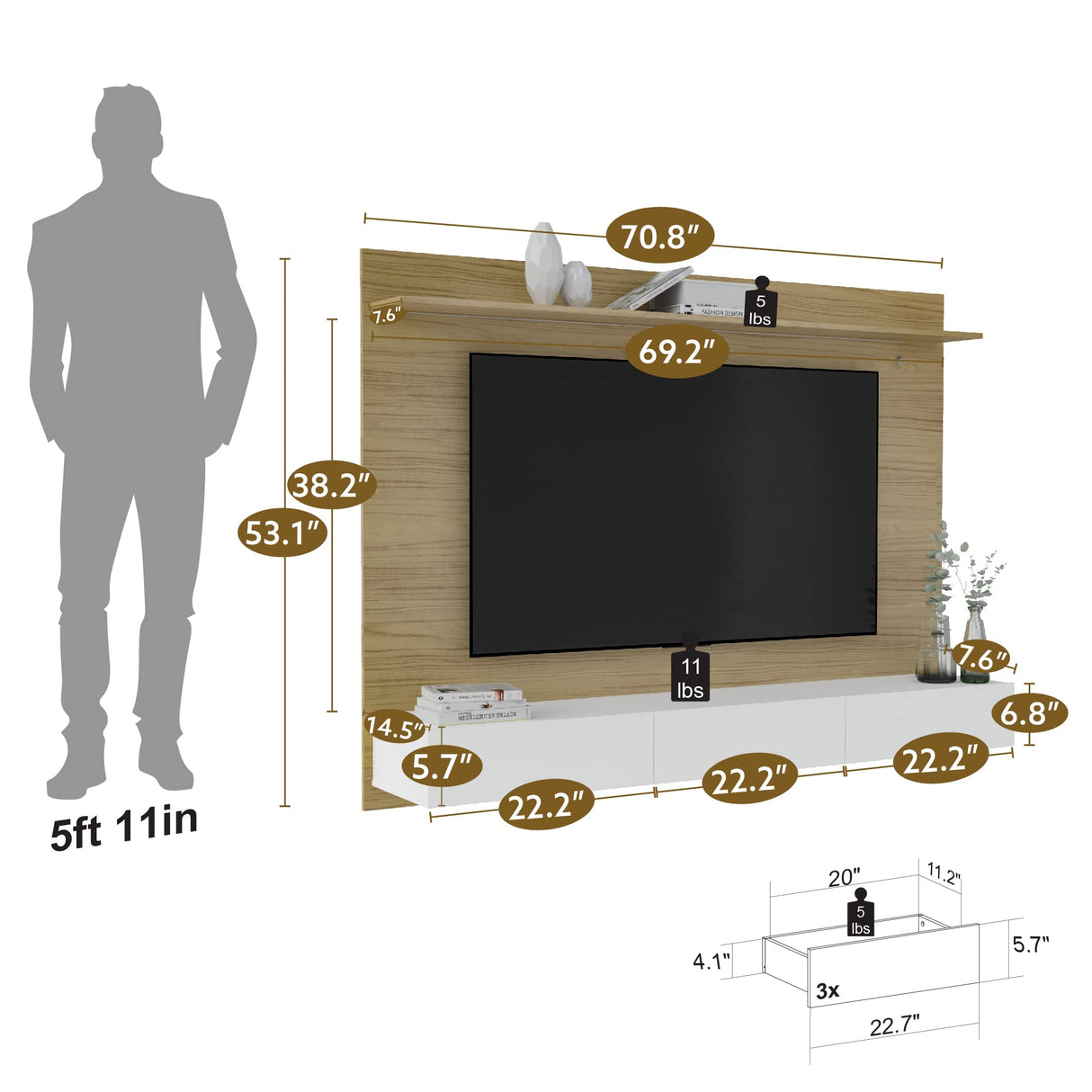 Bliss Modern Freestanding Wall Mounted Entertainment Center Floating TV