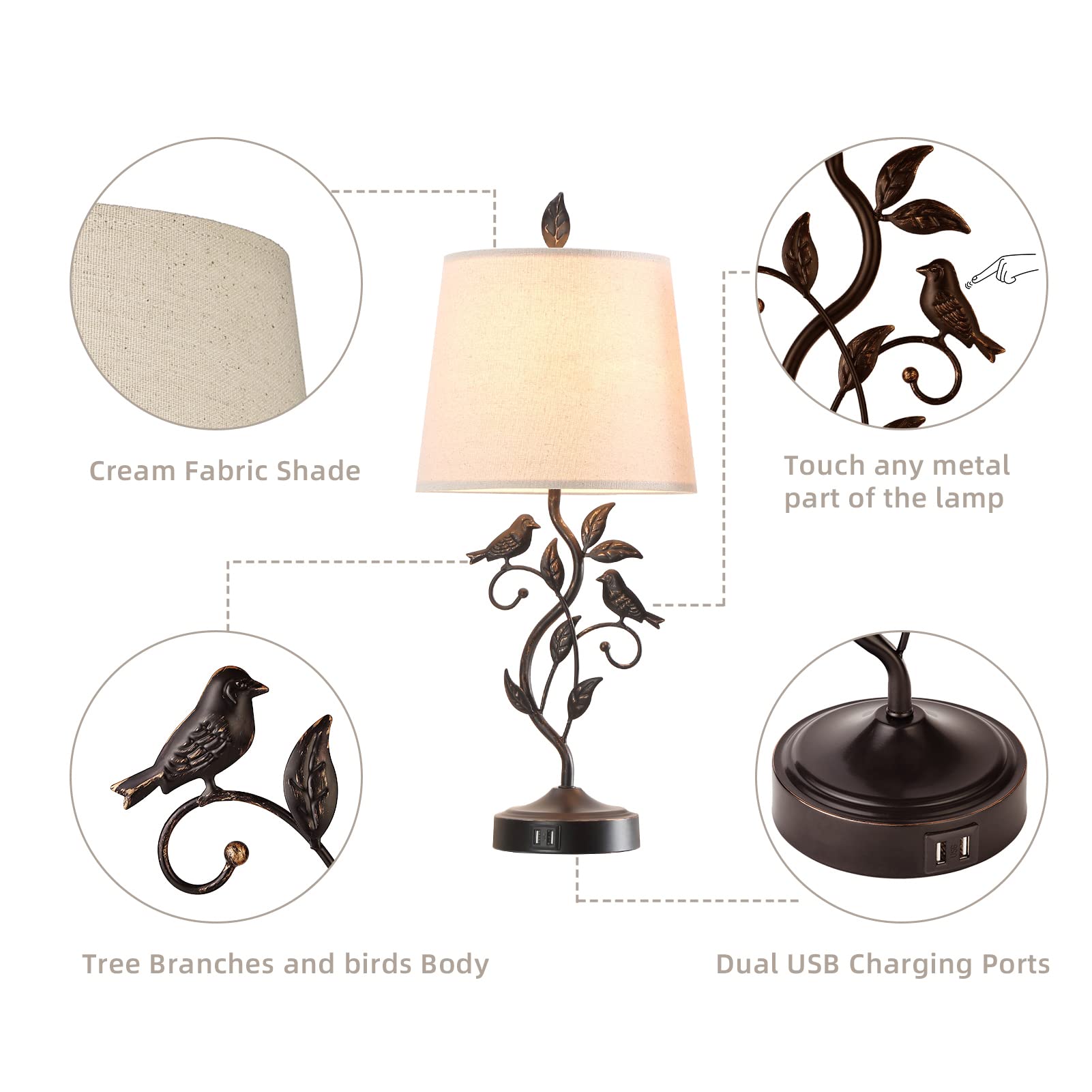Set of 2 Touch Control Living Room Table Lamps