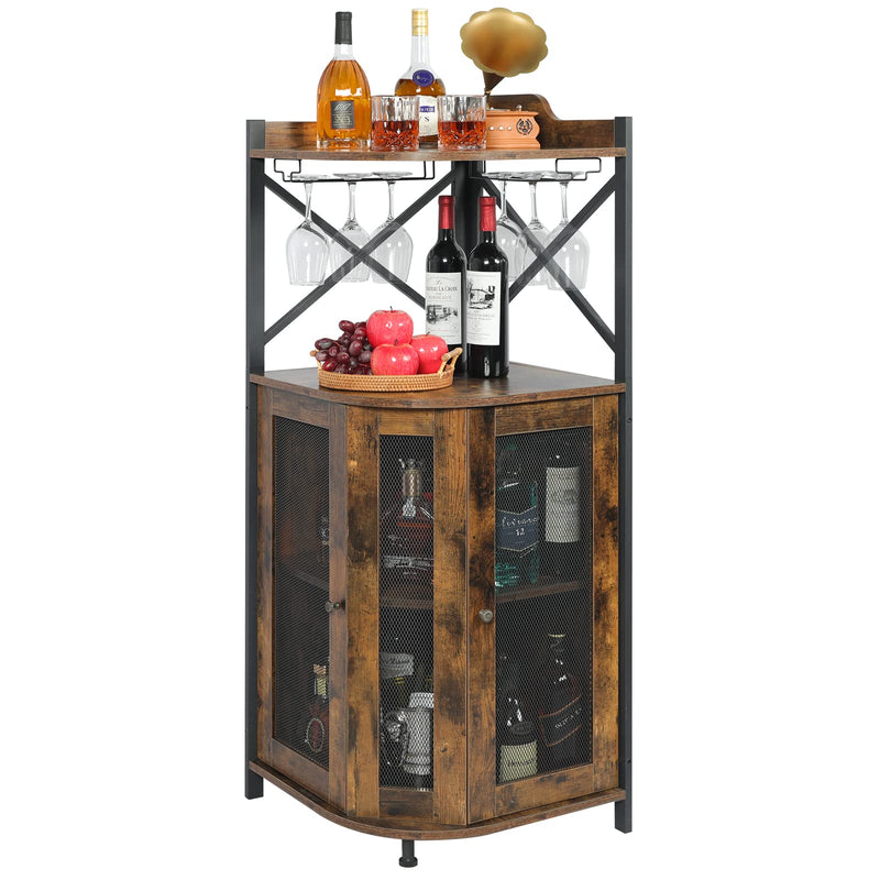 Corner Bar Cabinet with Glass Holder ,Industrial Wine Cabinet with Mesh Door
