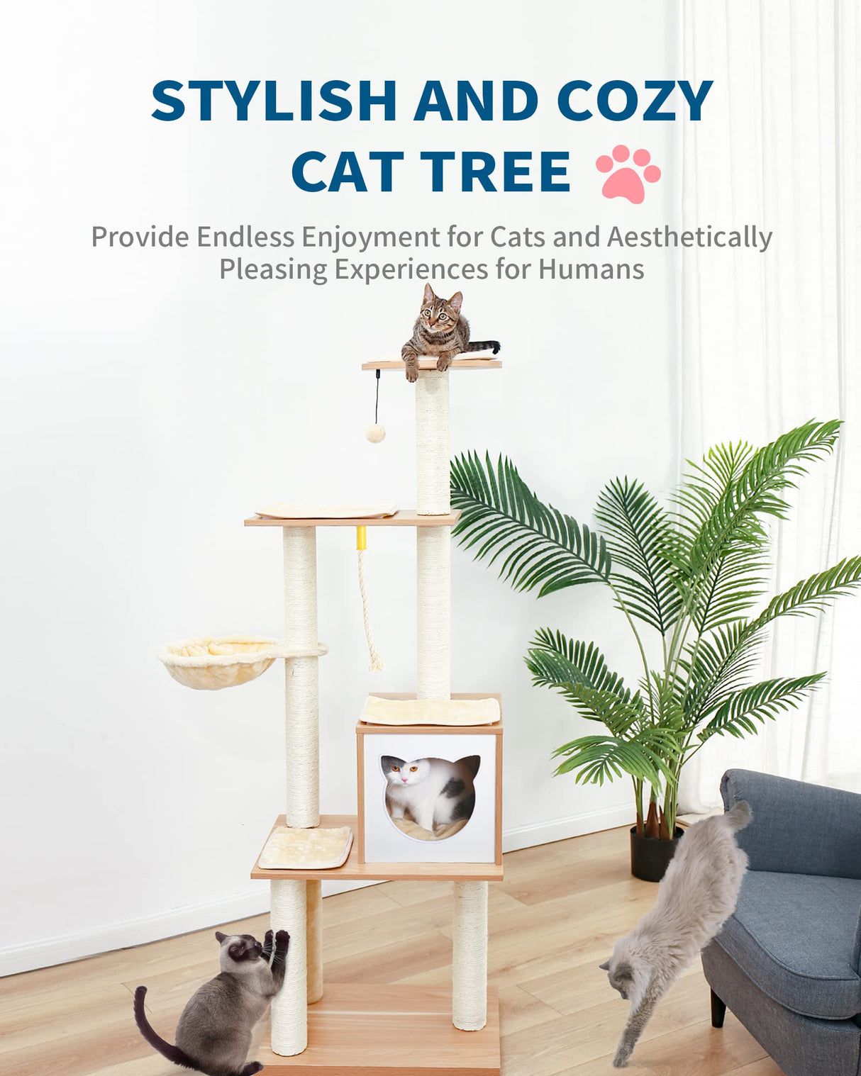 Cat Tree for Indoor Cats Modern Cat Tower 65" Tall Wood Kitten Condo with Hammock