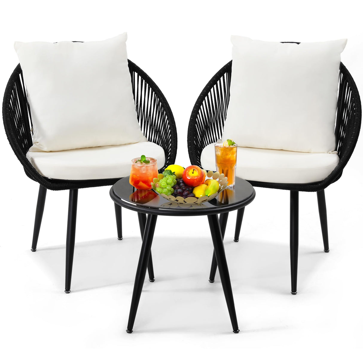 3 Pieces Bistro Set, Woven Rope Chair with Cushions