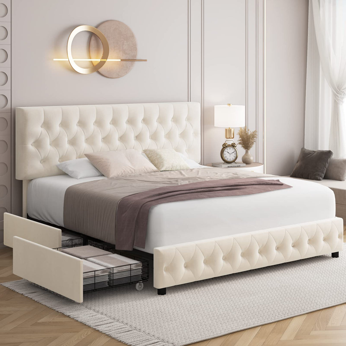 Modern Upholstered Bed Frame with 4 Storage Drawers, Button Tufted Headboard Design