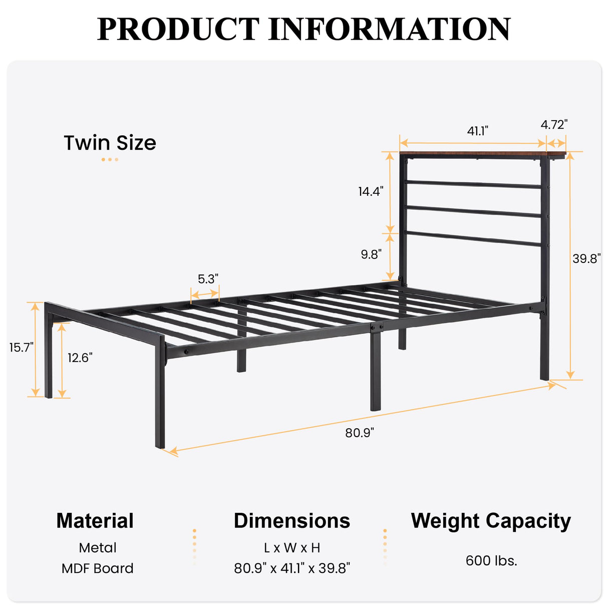 Twin Size Bed Frame with Headboard Shelf, Heavy Duty Platform Bed Frame with Strong