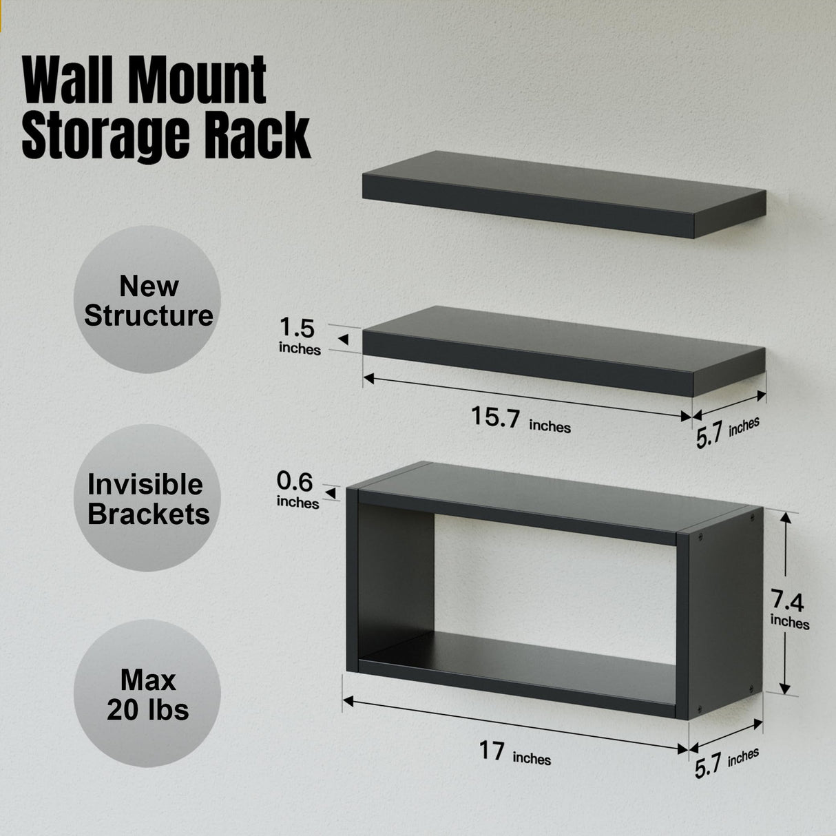 Black Floating Shelves Set of 3, Modern Bathroom Shelves Wall Mounted Shelves