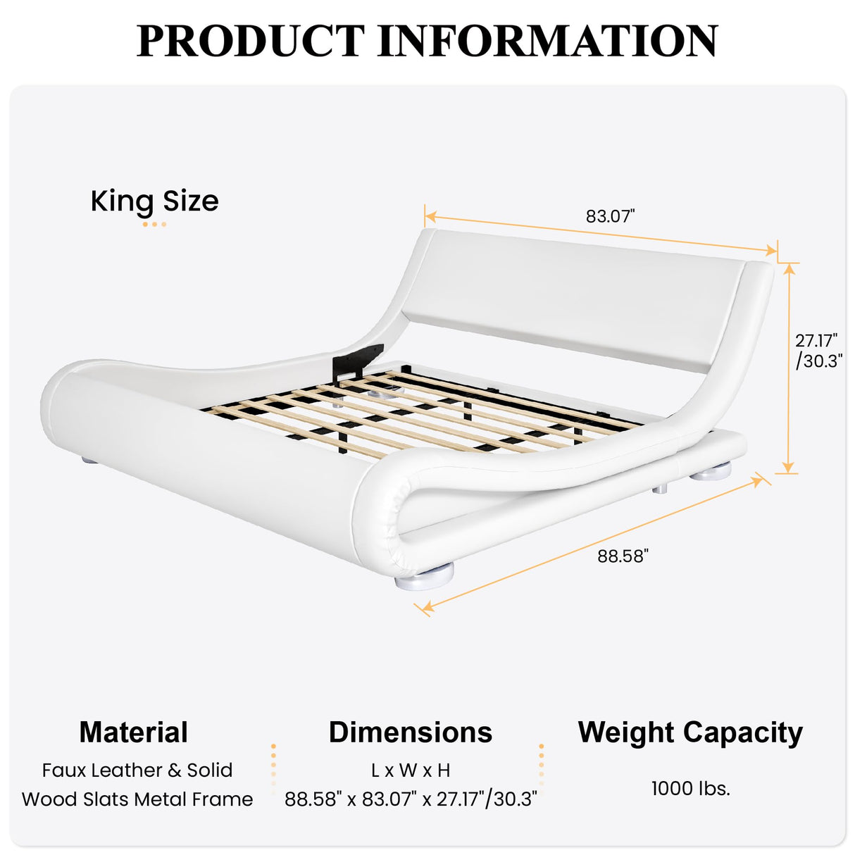 King Size Upholstered Bed Frame, Deluxe Low Profile Sleigh Bed