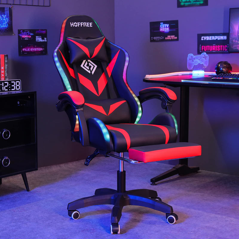 Gaming Chair with Bluetooth Speakers and LED Lights Ergonomic Massage Computer Game Chair with Footrest