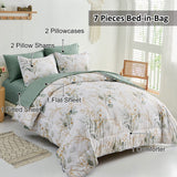 7 Pieces Floral Reversible Bed in a Bag Green Leaves