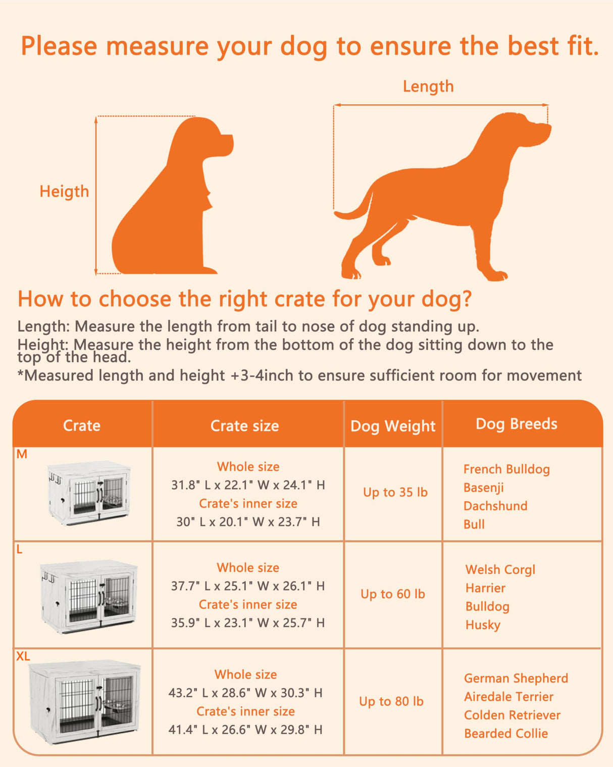 Wooden Dog Crate Furniture with 360°Rotatable Removable Dog Bowls, Dog Crate