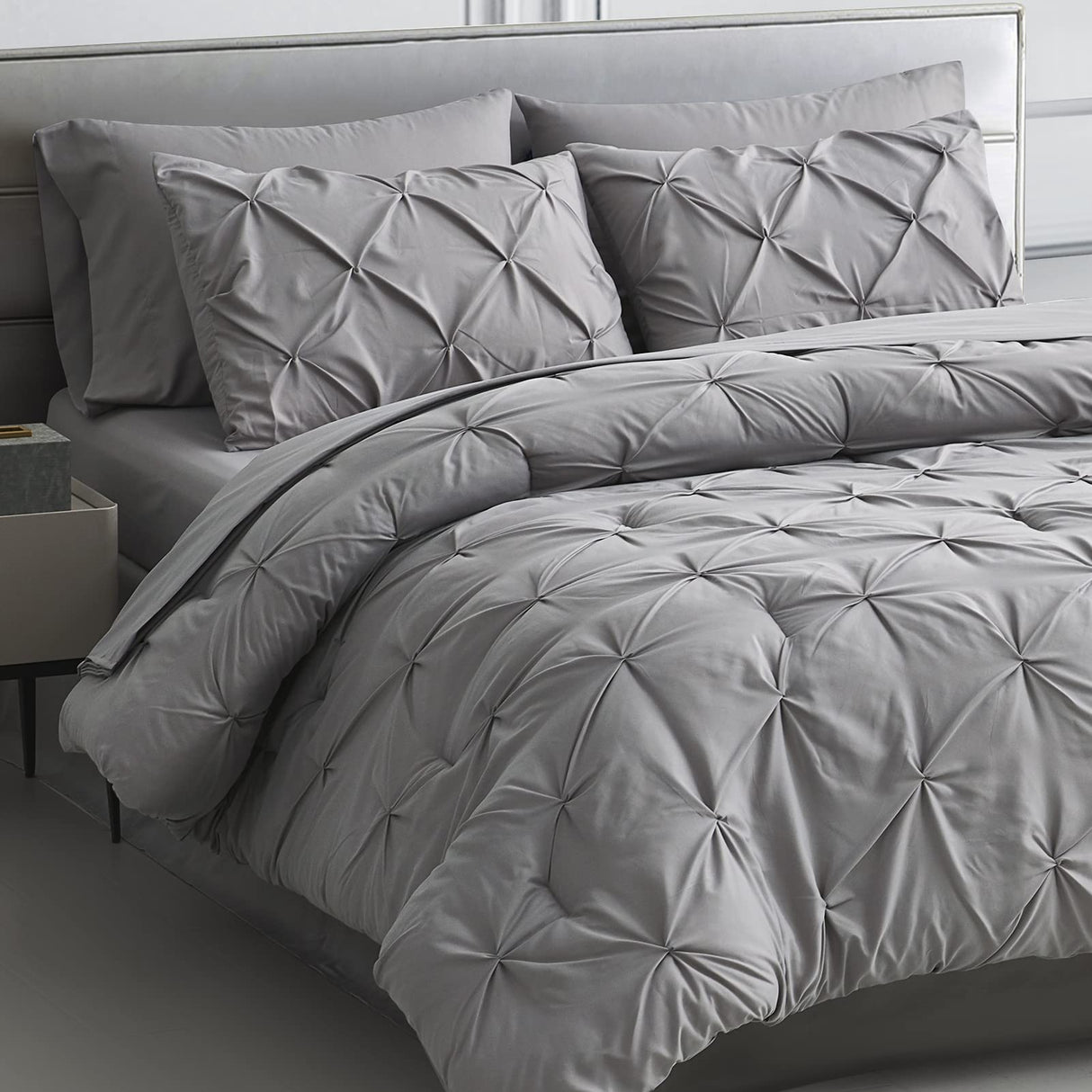 Queen Comforter Set 7 Pieces Pinch Pleat Bed in A Bag, Grey Pintuck