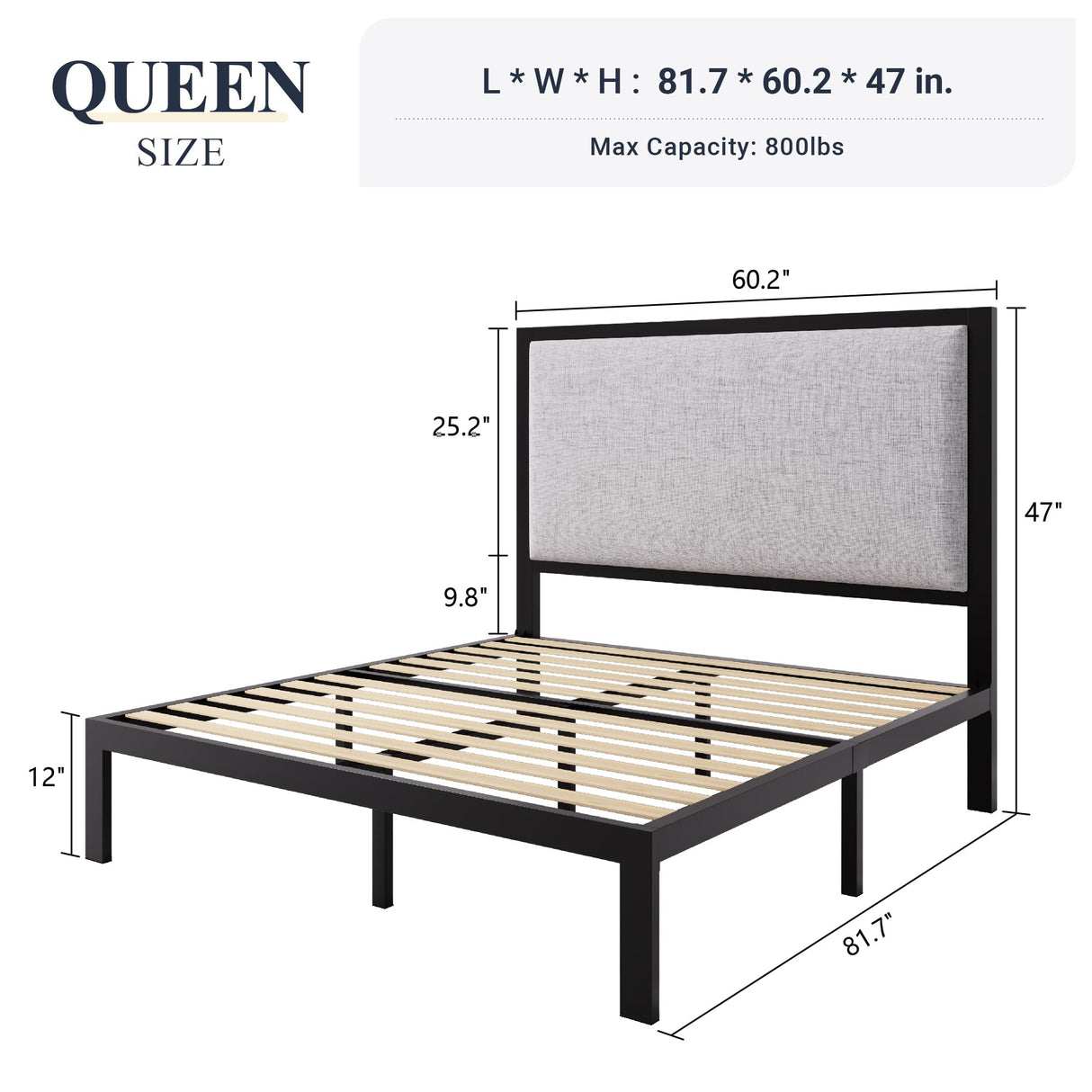 Queen Bed Frame with 47'' Tall Upholstered Headboard