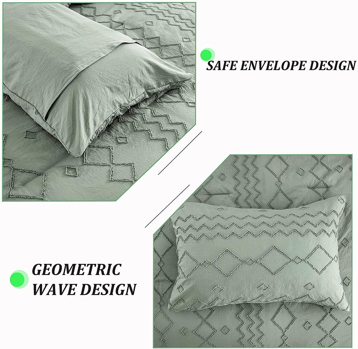 Green Tufted Comforter Set Cal King Size (102×96 inches), Boho Shabby Chic Comforter Geometry Embroidery Bedding Set