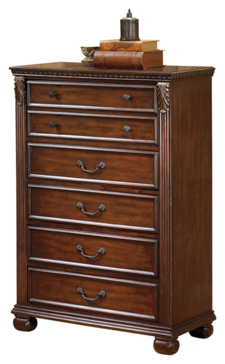 Leahlyn Traditional Ornate 5 Drawer Chest of Drawers and 7 Drawer Dresser, Warm Brown