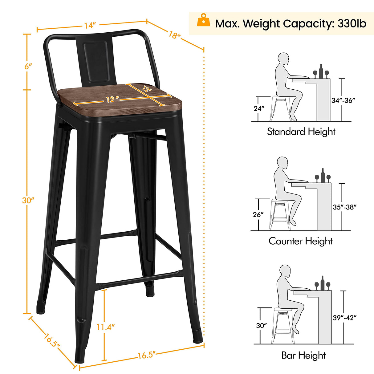 30" Metal Barstools Set of 4 Bar Height Bar Stools with Wooden Top