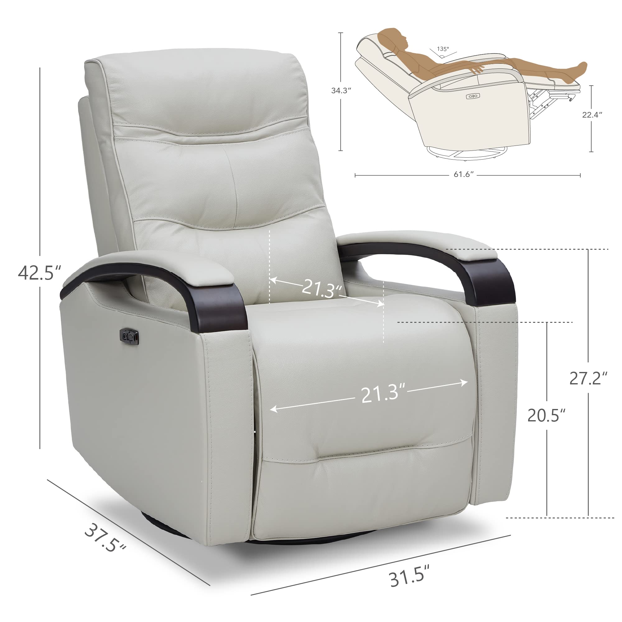 CloudChita Power Swivel Glider Recliner – USB, Headrest, Rocker Motion in Light Grey