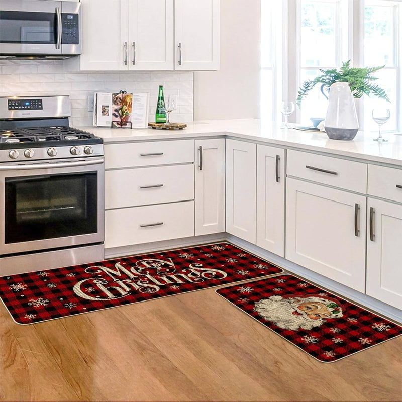 Buffalo Plaid Snow Santa Claus Christmas Kitchen Rugs Set of 2, Winter Low-Profile Floor