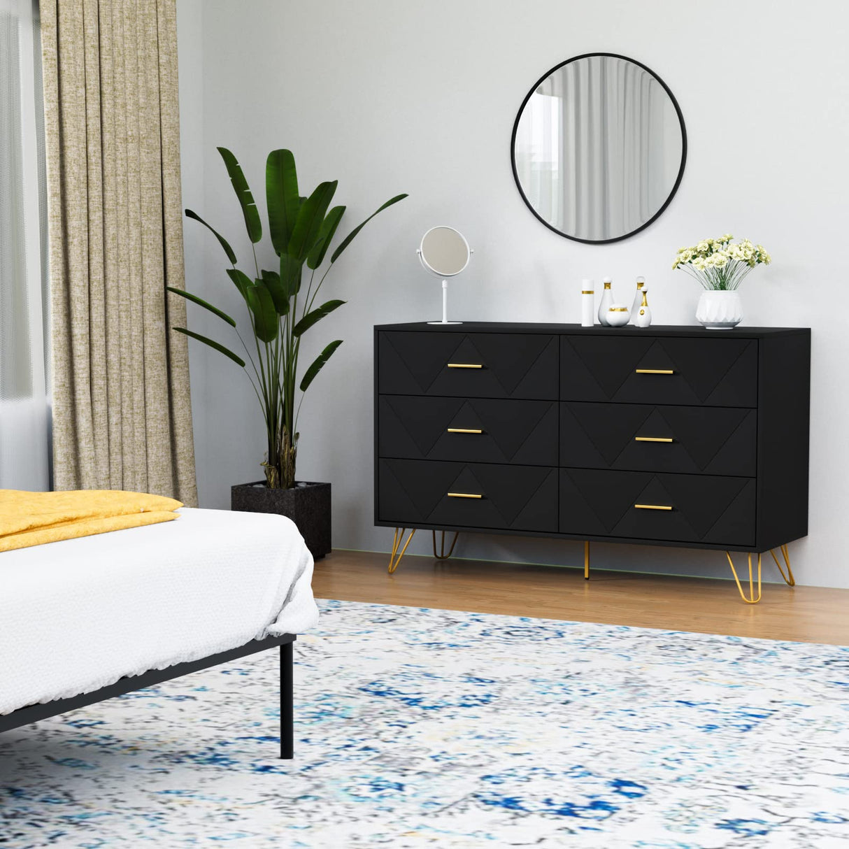 Black Dresser for Bedroom, Modern Dresser for Bedroom, 6 Drawer Double Dresser