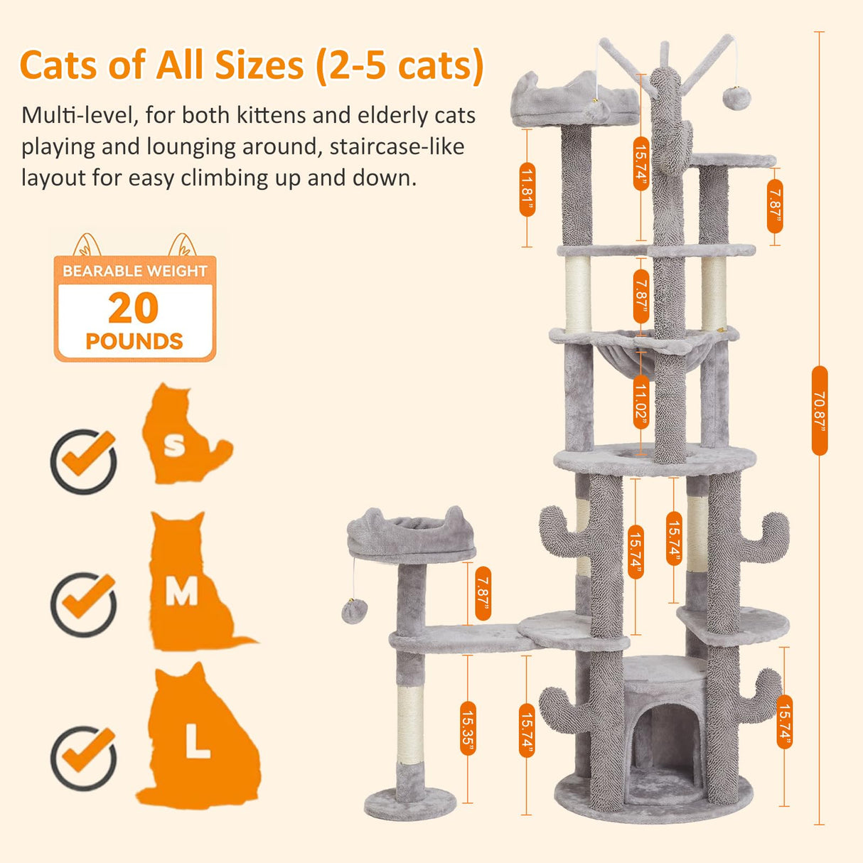 Cat Tree 71" Tall Large Cat Tower for Indoor Cats