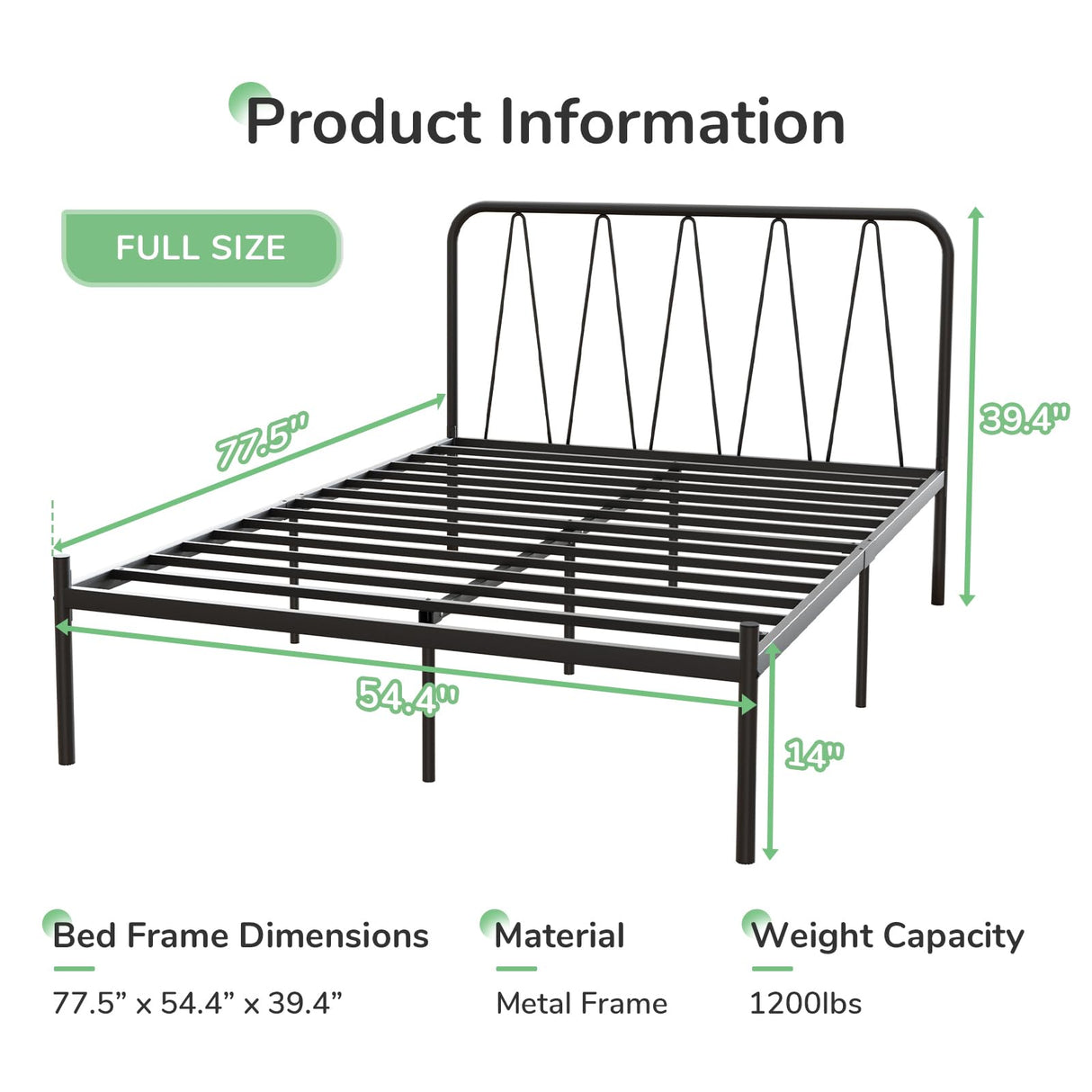 Full Size Bed Frame, 14 Inch Metal Platform Bed Frame with Headboard, Heavy Duty Metal