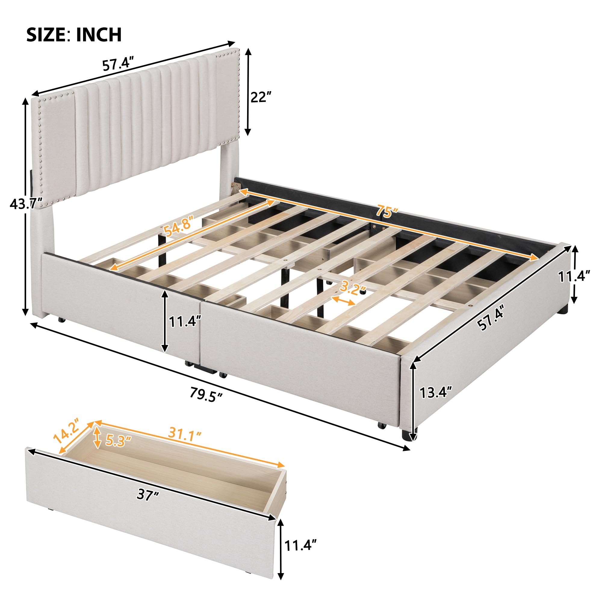 Full Size Upholstered Platform Bed with 4 Big Storage Drawers and Classic Linen Fabric
