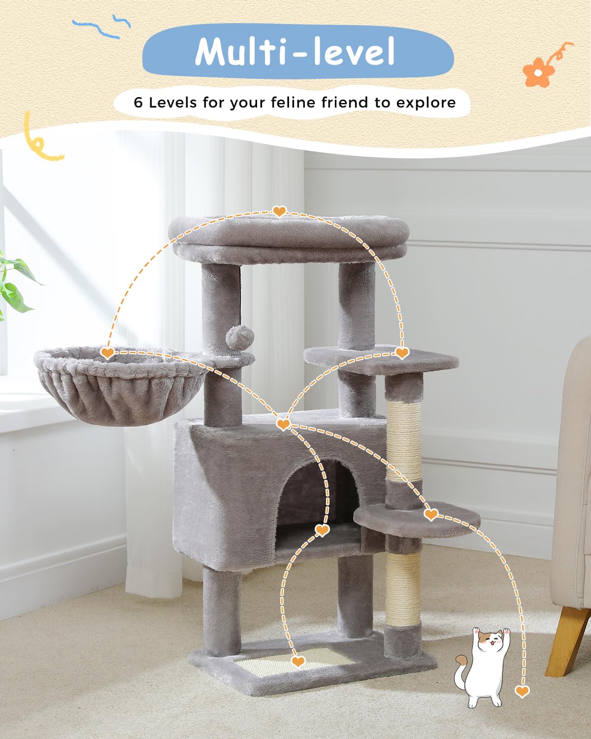 Cat Tree for Large Cats, Cat Tower for Indoor Cats with Large Hammock