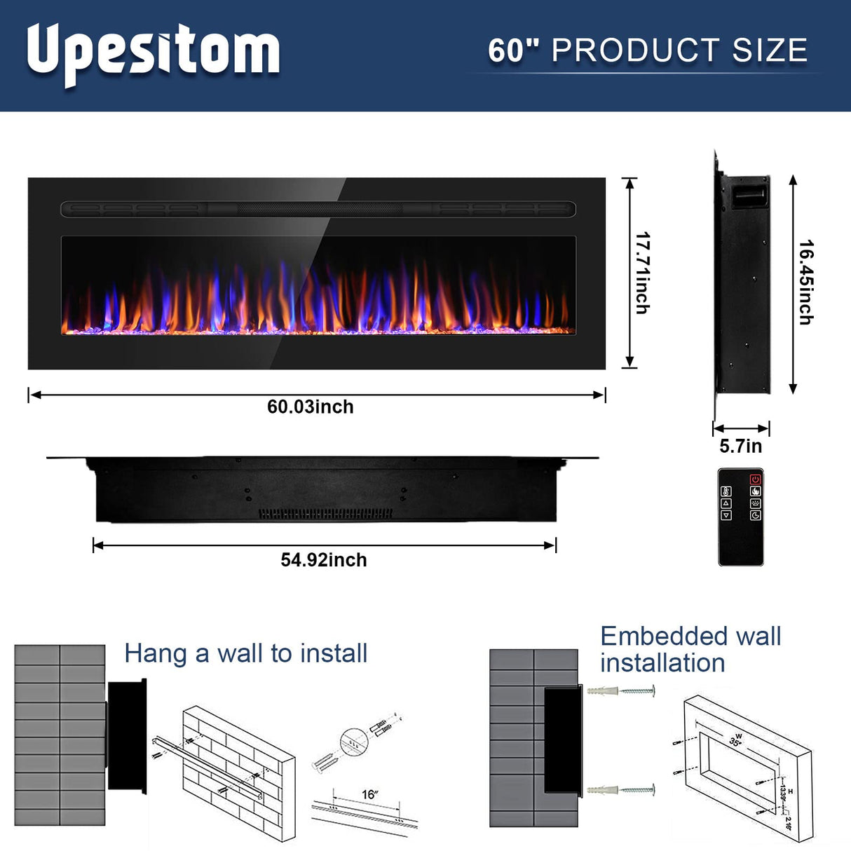 Electric Fireplace 60" Upgrade Fireplace Heater Recessed & Wall Mounted