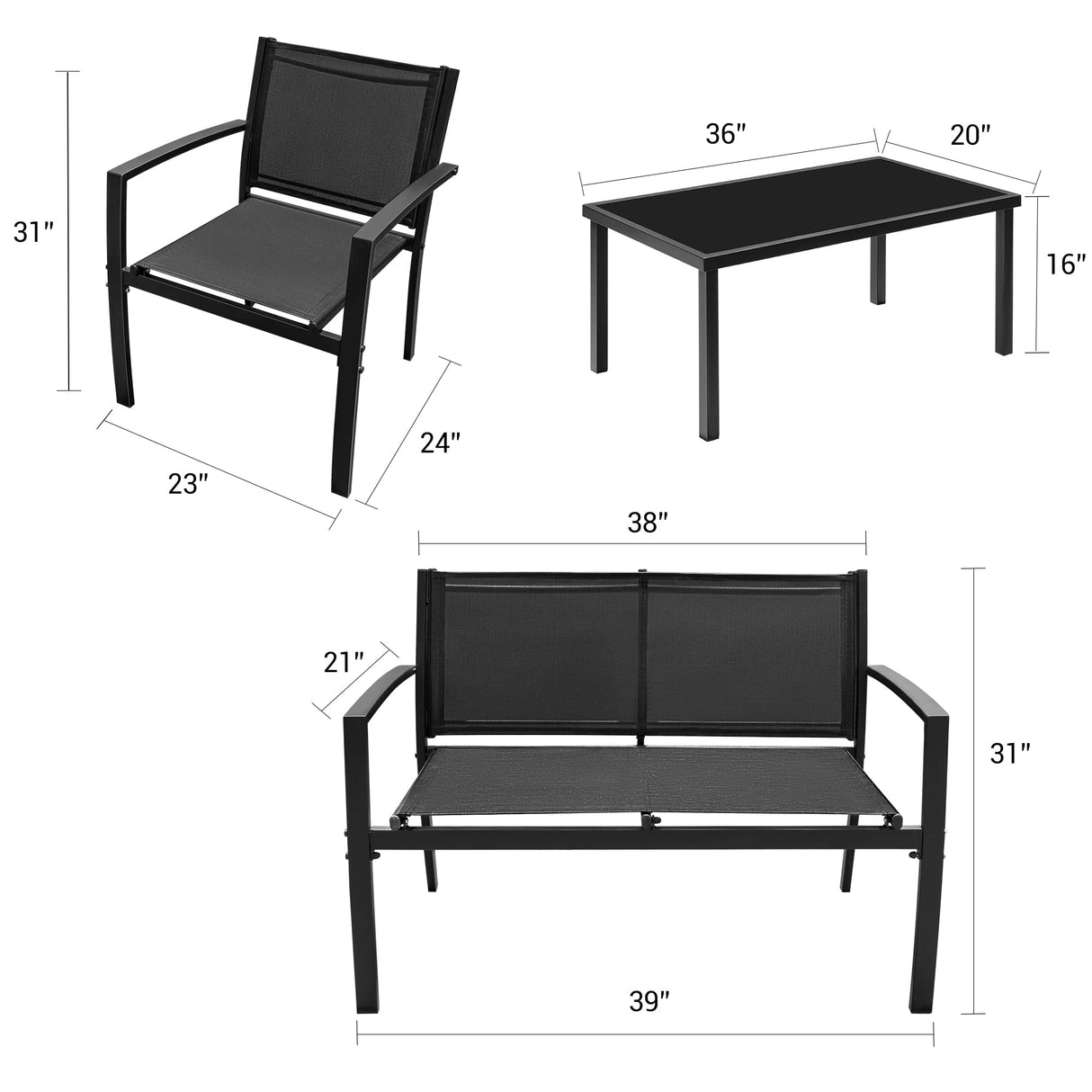 4 Pieces Outdoor Patio Furniture Textilene Modern Conversation Black Bistro Set