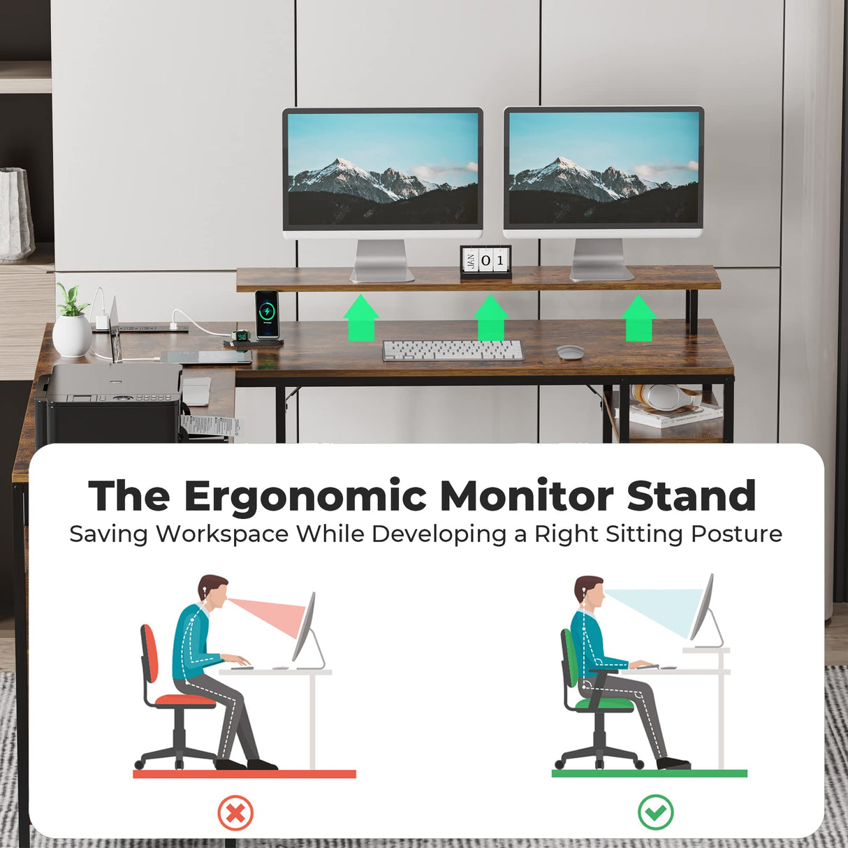 Reversible Computer Desk with Power Outlets & File Cabinet, L Shaped Desk