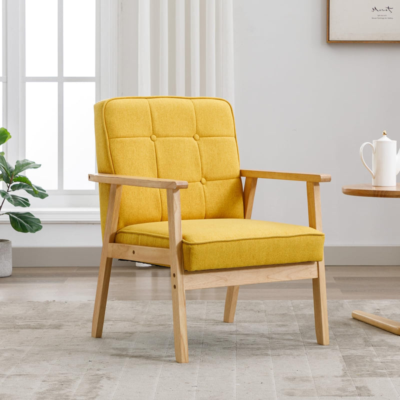 Mid Century Modern Accent Chair, Retro Wood and Fabric Armchairs Side Chair, Lounge Reading Comfy Arm Chair for Living Room, Bedroom, Office (Yellow)