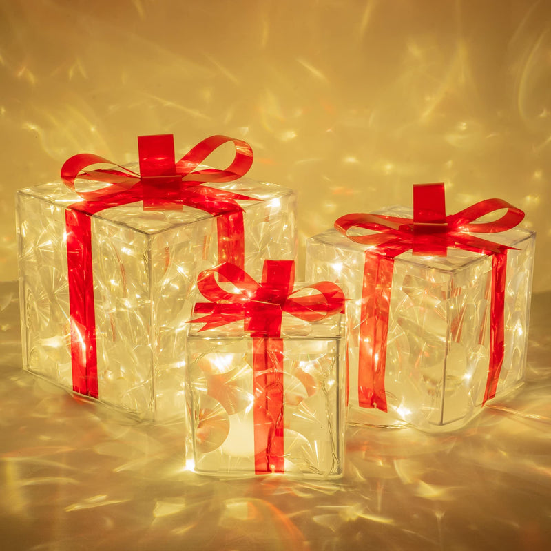 Set of 3 Christmas 60 LED Lighted Gift Boxes, Transparent Warm White Lighted Christmas