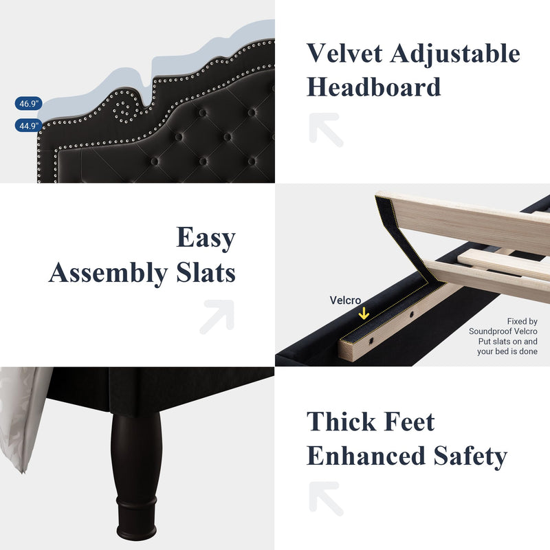 Full Size Bed Frame with Adjustable Velvet Tiara Headboard, Upholstered Diamond Button