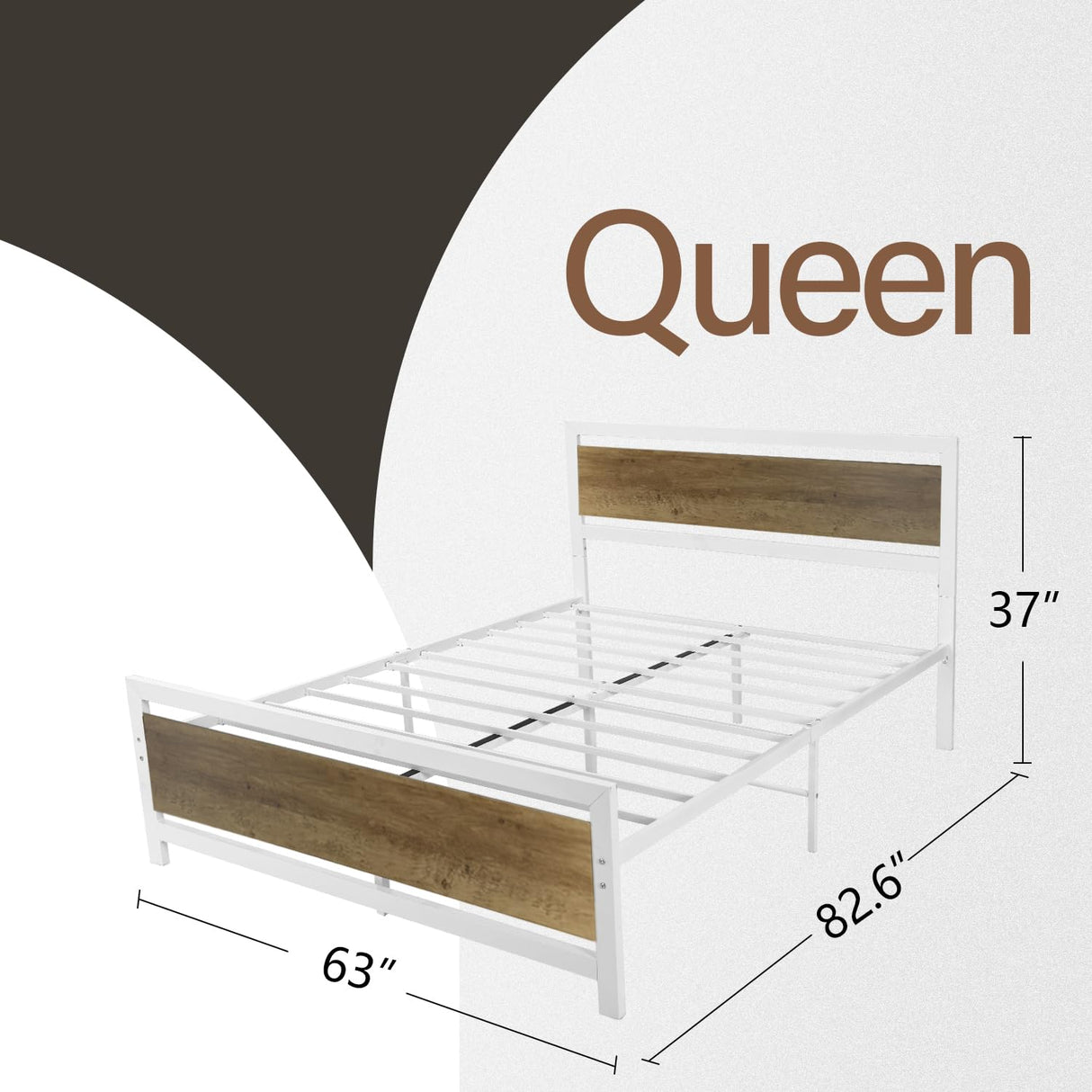 Queen Platform Bed Frame with Wooden Headboard and Footboard, Metal Bed Frame