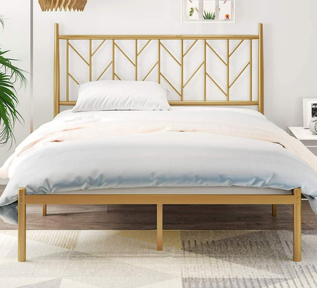 Queen Metal Bed Frame with Vintage Headboard, Heavy Duty Platform Bed with Round