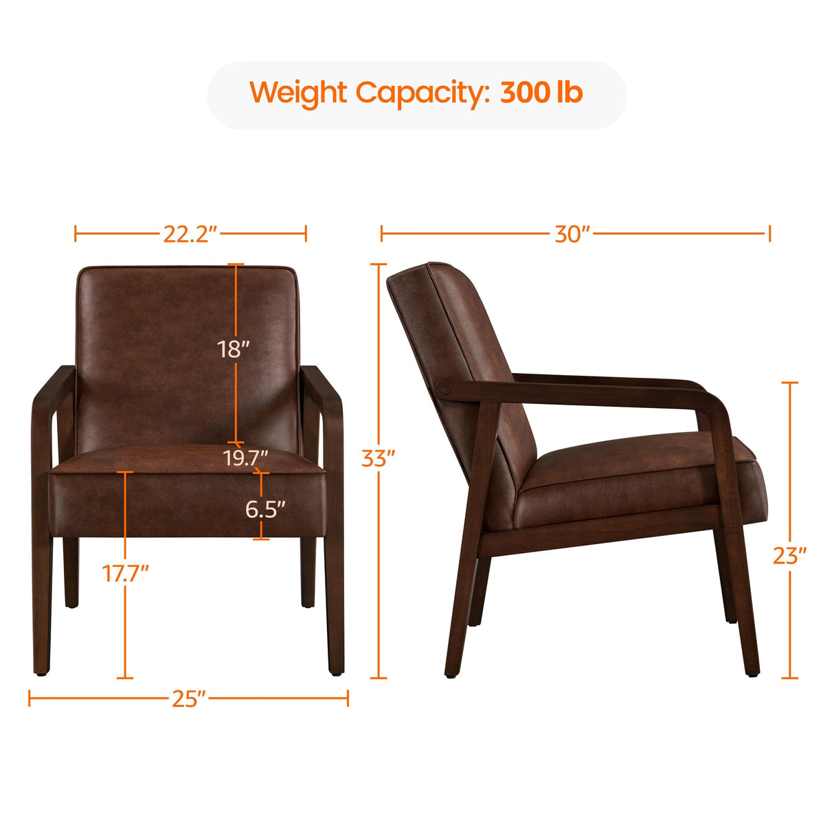 PU Leather Accent Chair, Mid-Century Modern Barrel Chair with Wooden Frame