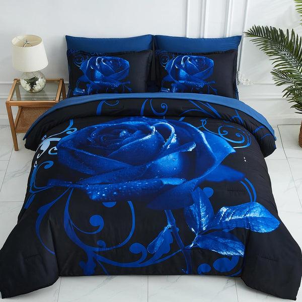 Blue Comforter Set 7 Piece Bed in a Bag Blue Rose Comforter