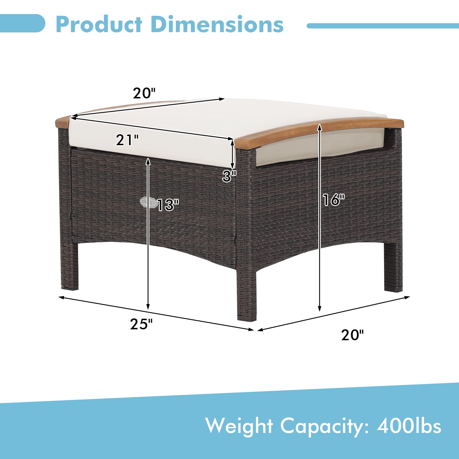 2 Piece Patio Rattan Ottomans, Wicker Footstool w/Acacia Wood Handles