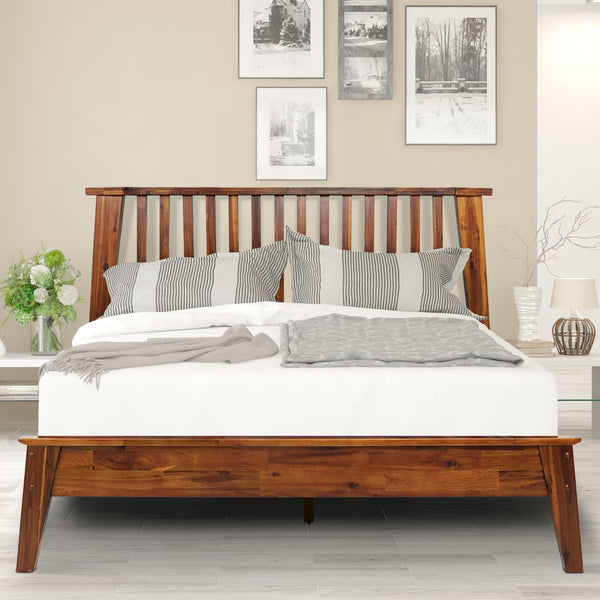Acacia Kaylin Wooden Bed Frame with Headboard, Solid Wood Platform Bed, Easy Assembly, No Box Spring Needed, Queen, Caramel